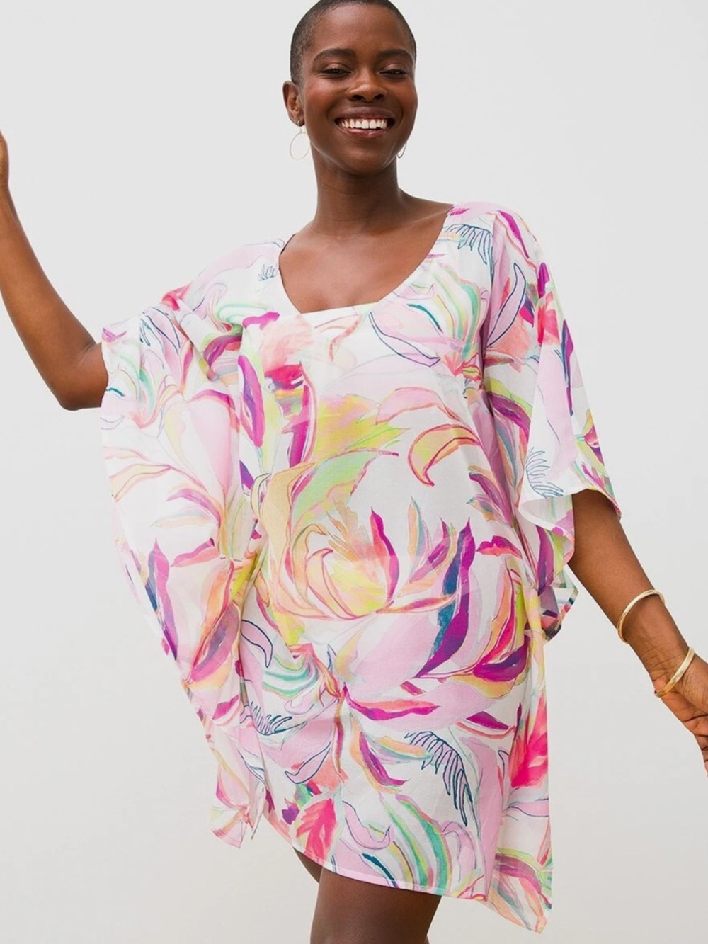 Soma Intimates Chiffon V-Neck Caftan Swim Cover Up Floral Multi XS/S
